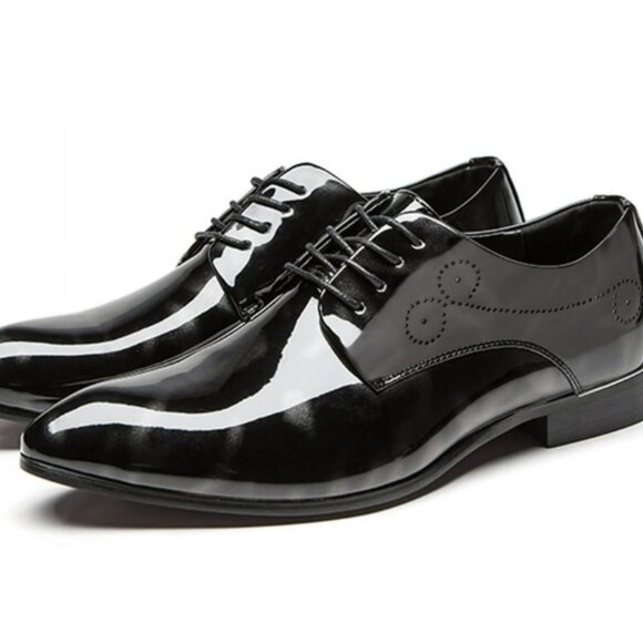 Santimon Men's US 9.5 - 12 Black Patent Leather Lace Up Derby Pointed Toe Shoes - Picture 1 of 10